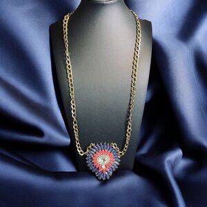 Reversible Statement Necklace Red Blue Orange‎ Crystal Pendant Boho Festival